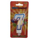 Celebrate a special occasion with the GSD - Number 7 Candle, elegantly designed in blue and white. Packaged in vibrant red featuring "Happy Birthday" text and playful balloon graphics, it's perfect for making a wish come true.